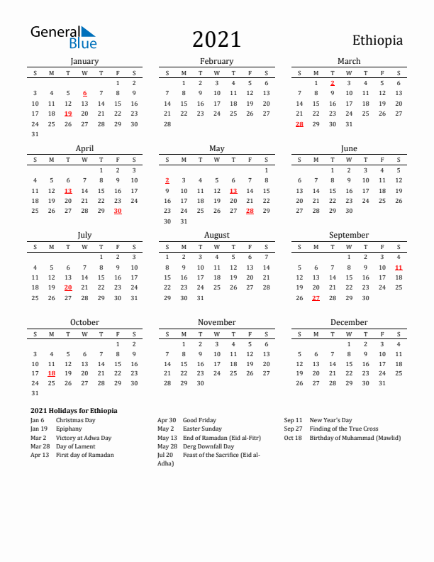 Ethiopia Holidays Calendar for 2021