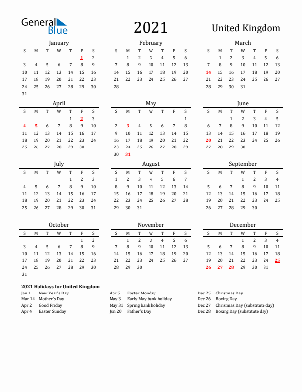United Kingdom Holidays Calendar for 2021