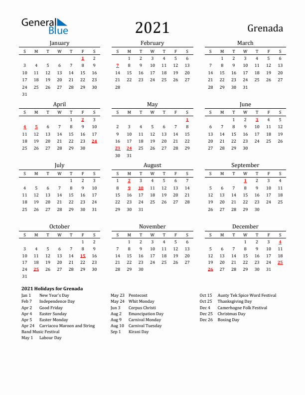 Grenada Holidays Calendar for 2021