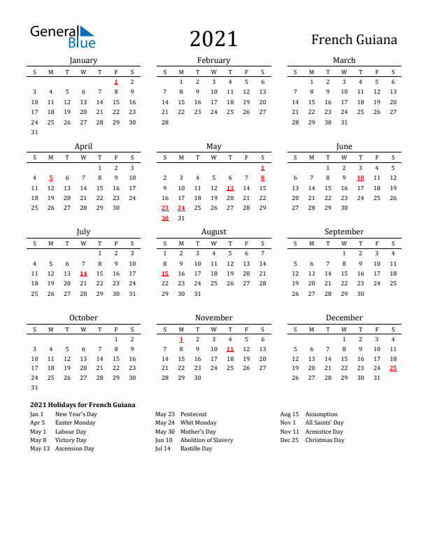 French Guiana Holidays Calendar for 2021