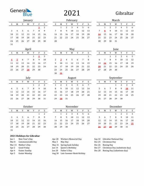 Gibraltar Holidays Calendar for 2021
