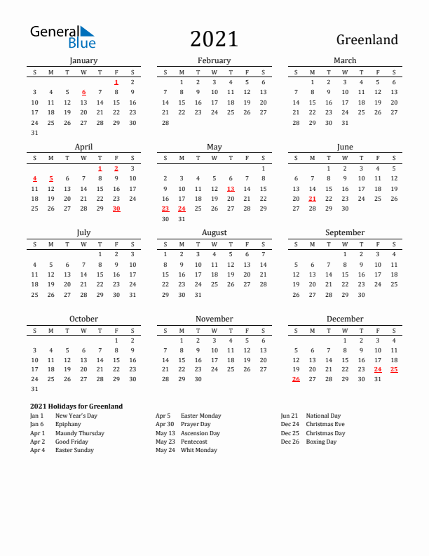 Greenland Holidays Calendar for 2021