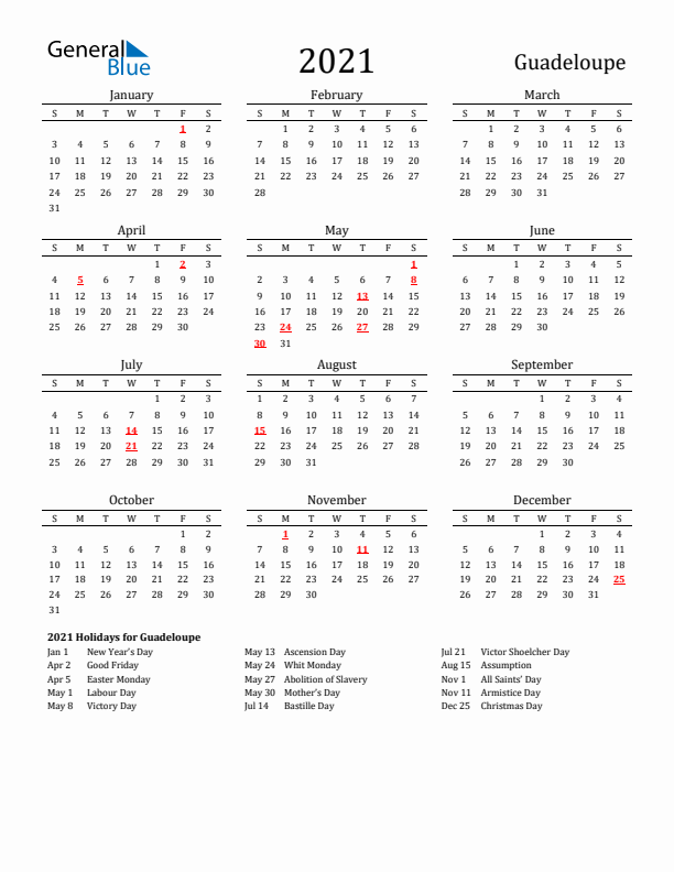 Guadeloupe Holidays Calendar for 2021