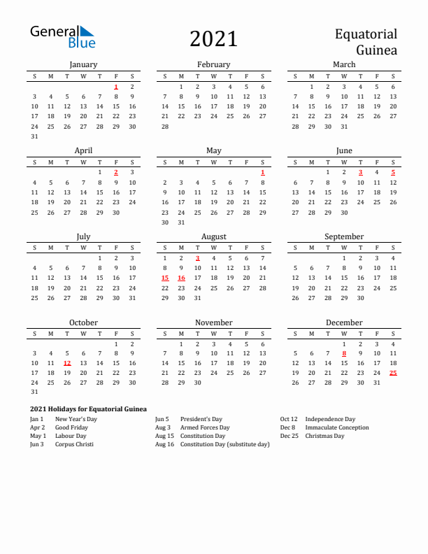 Equatorial Guinea Holidays Calendar for 2021