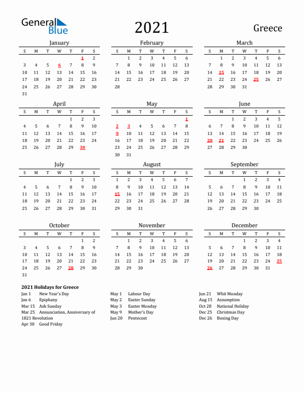 Greece Holidays Calendar for 2021