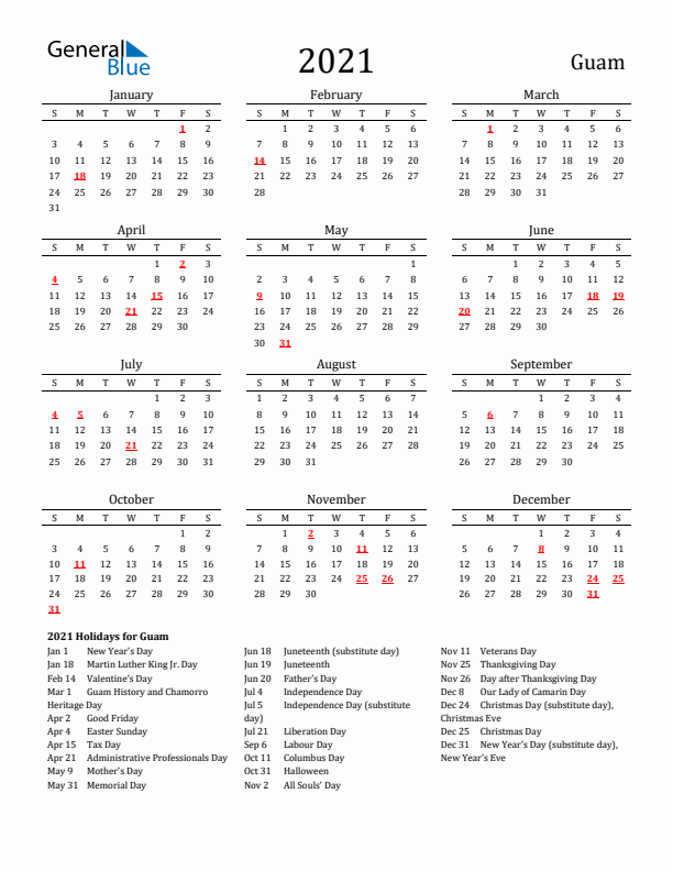 Guam Holidays Calendar for 2021