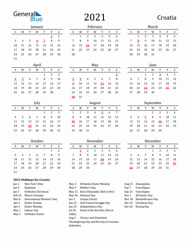 Croatia Holidays Calendar for 2021