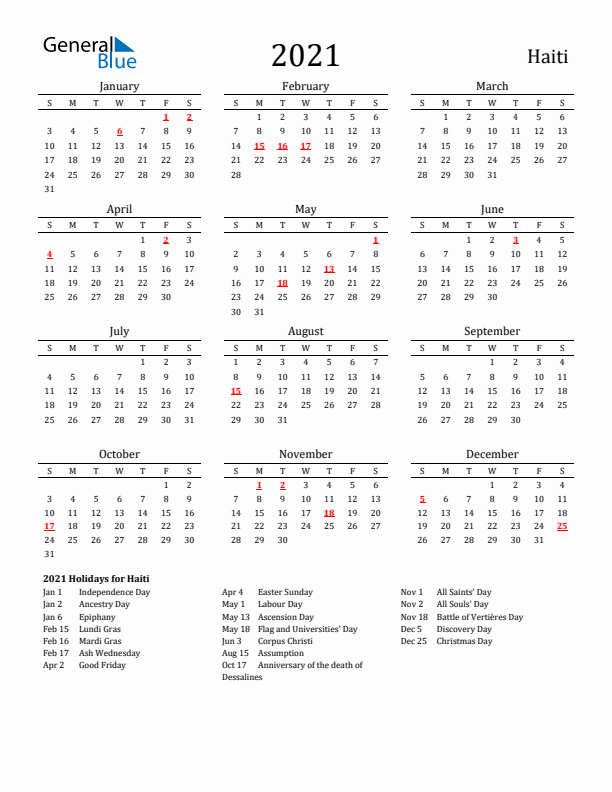 Haiti Holidays Calendar for 2021
