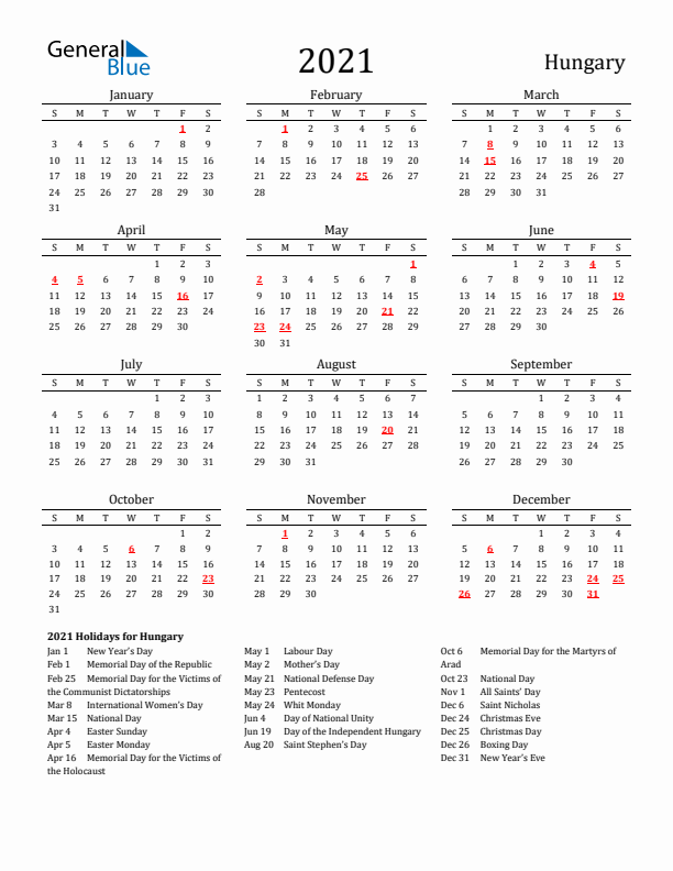 Hungary Holidays Calendar for 2021