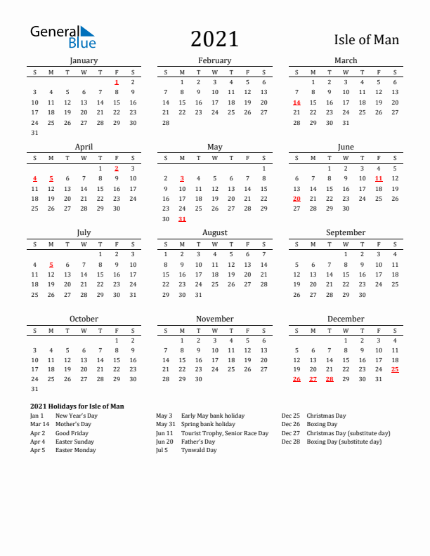 Isle of Man Holidays Calendar for 2021