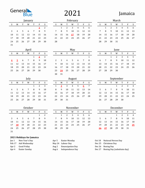 Jamaica Holidays Calendar for 2021