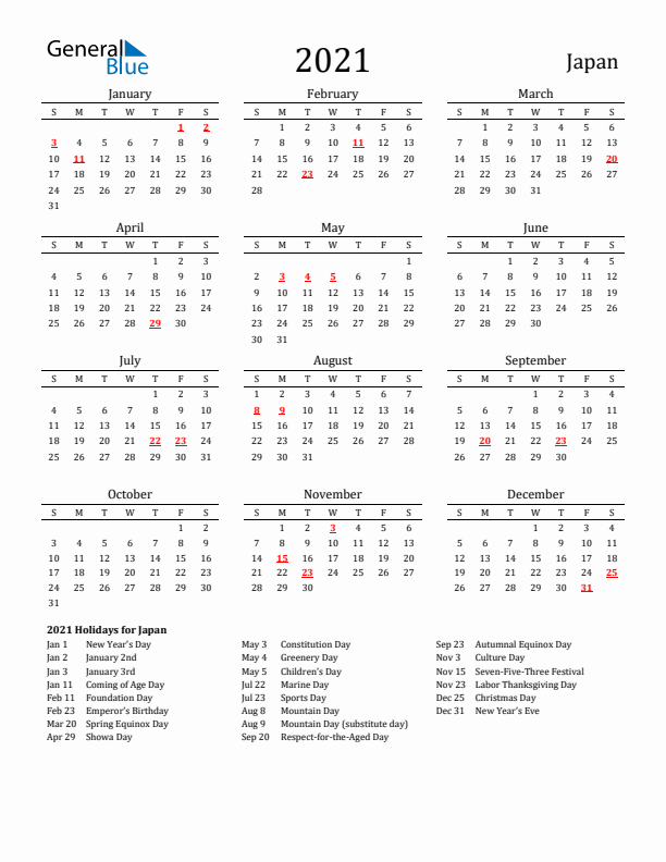 Japan Holidays Calendar for 2021