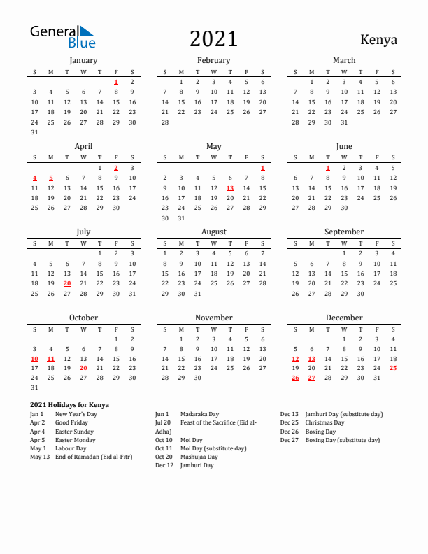 2021 Kenya Calendar with Holidays