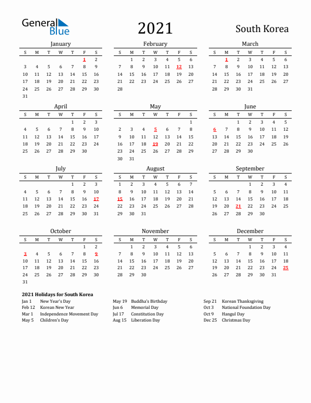 South Korea Holidays Calendar for 2021