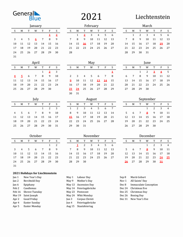 Liechtenstein Holidays Calendar for 2021