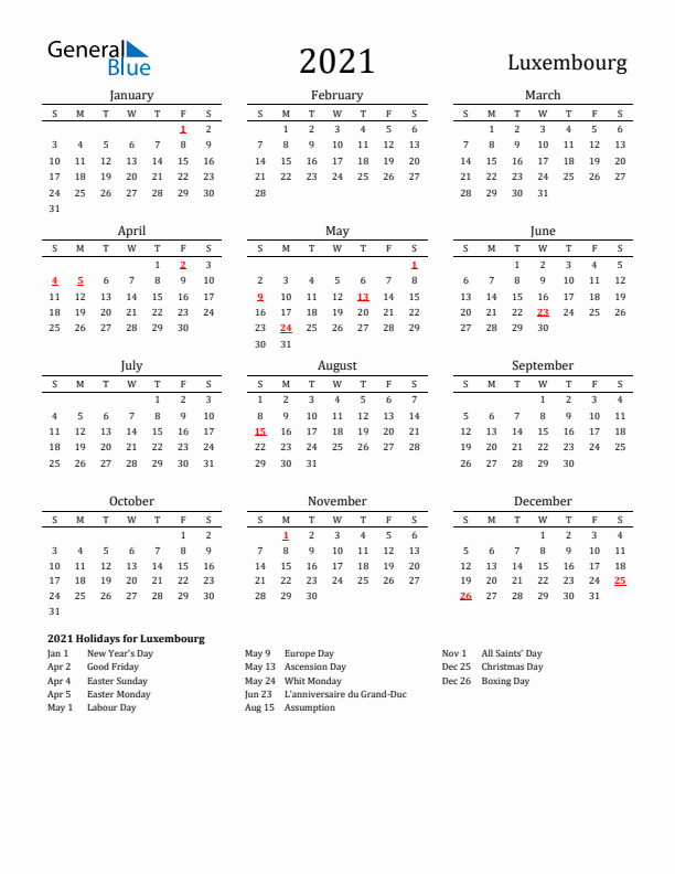 Luxembourg Holidays Calendar for 2021