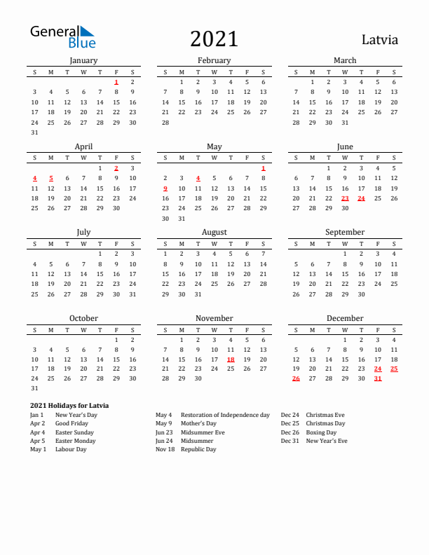 Latvia Holidays Calendar for 2021