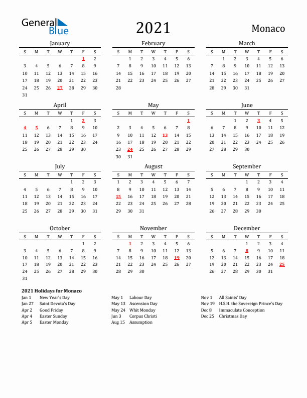 Monaco Holidays Calendar for 2021