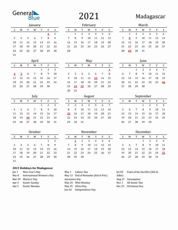 Madagascar Holidays Calendar for 2021