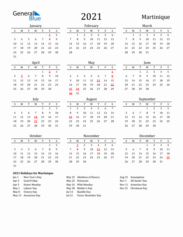 Martinique Holidays Calendar for 2021