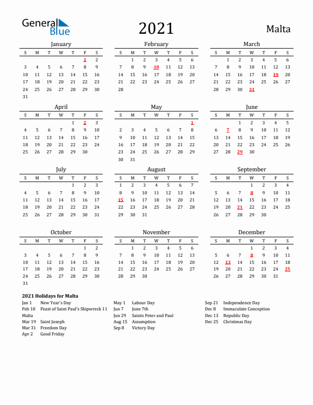 Malta Holidays Calendar for 2021