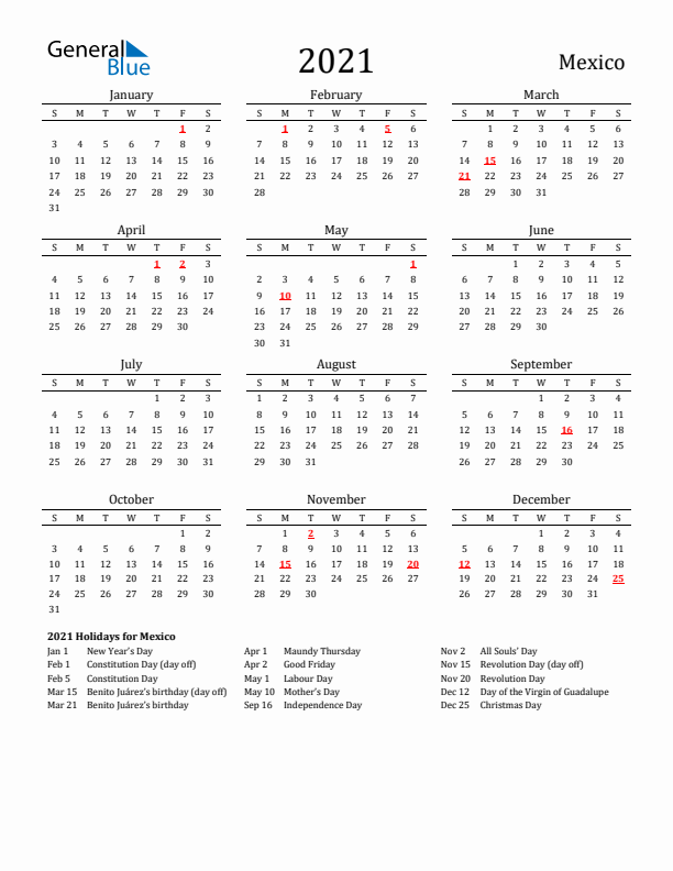 Mexico Holidays Calendar for 2021