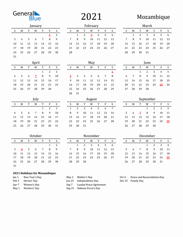 Mozambique Holidays Calendar for 2021
