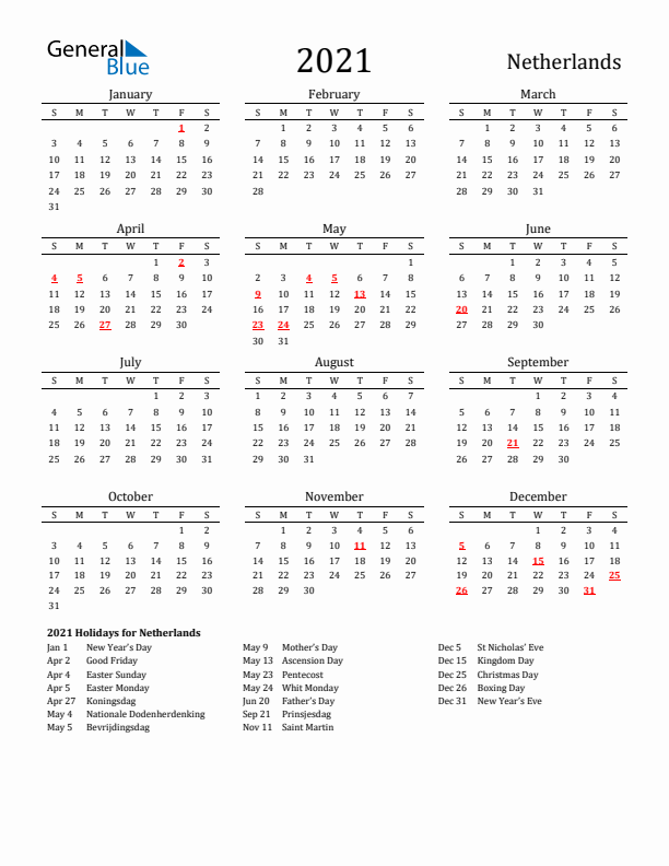 Netherlands Holidays Calendar for 2021