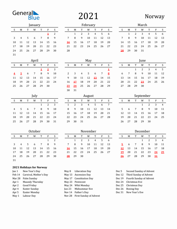 Norway Holidays Calendar for 2021