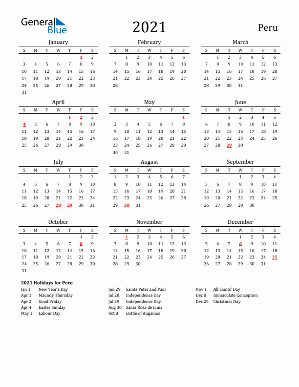 Peru Holidays Calendar for 2021