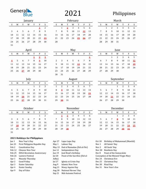 Philippines Holidays Calendar for 2021