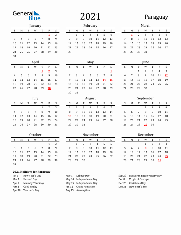 Paraguay Holidays Calendar for 2021