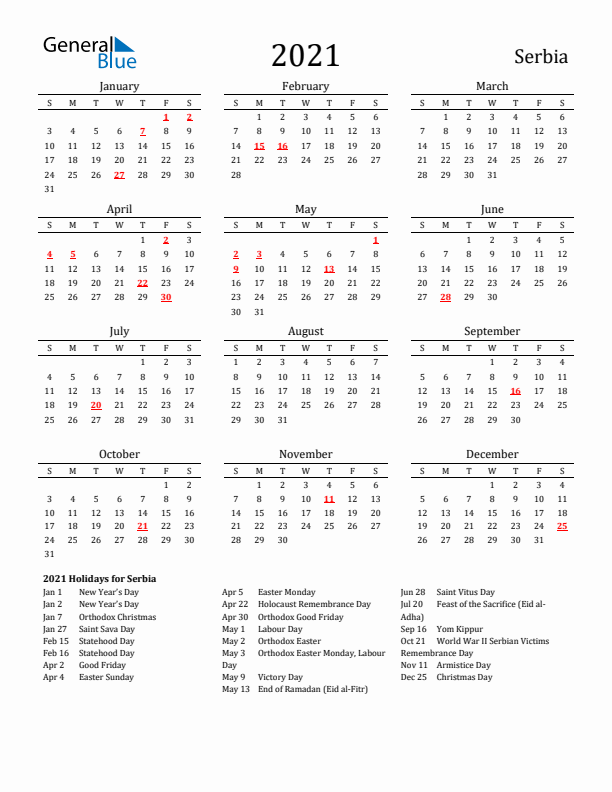 Serbia Holidays Calendar for 2021