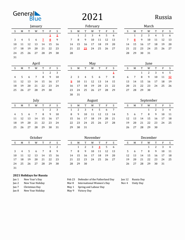 Russia Holidays Calendar for 2021
