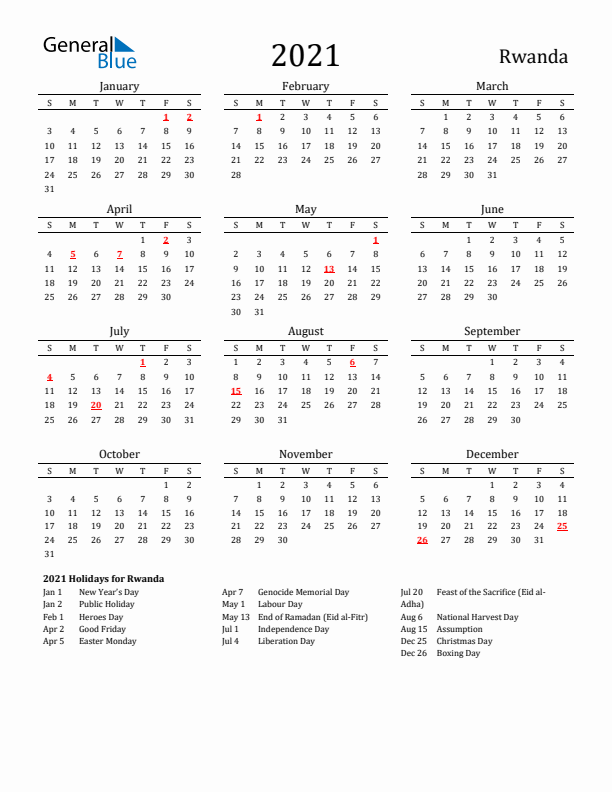 Rwanda Holidays Calendar for 2021
