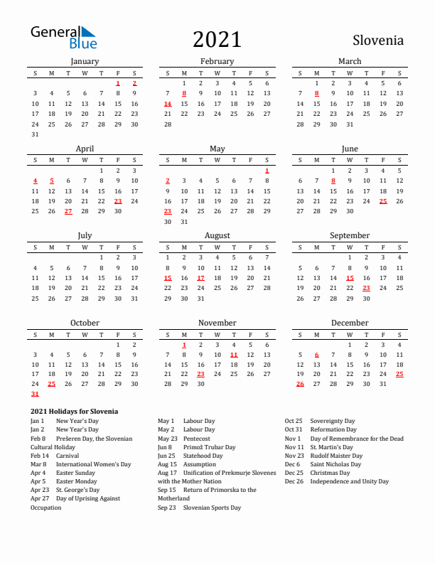 Slovenia Holidays Calendar for 2021