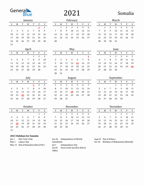Somalia Holidays Calendar for 2021