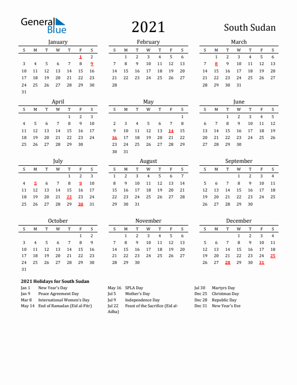 South Sudan Holidays Calendar for 2021