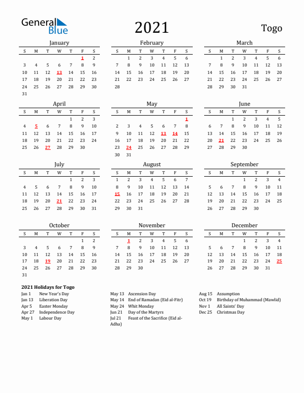 Togo Holidays Calendar for 2021