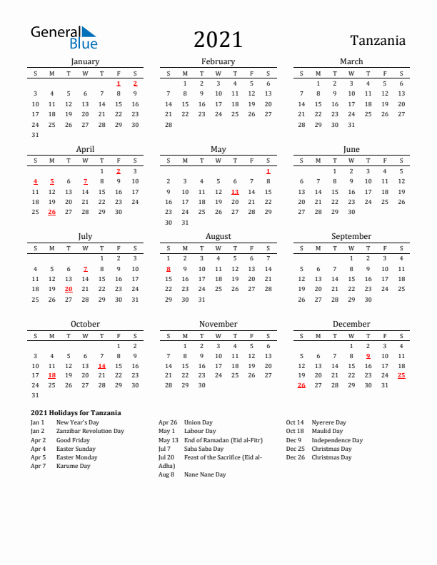 Tanzania Holidays Calendar for 2021