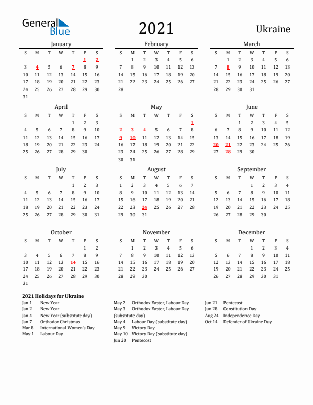 Ukraine Holidays Calendar for 2021