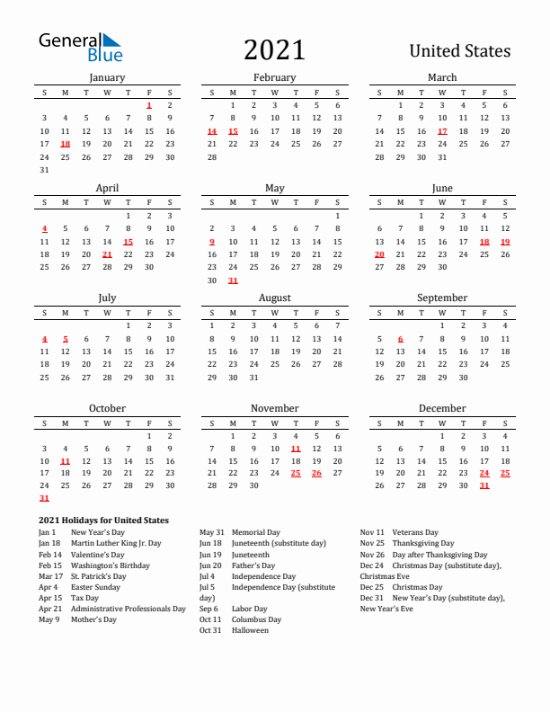 United States Holidays Calendar for 2021