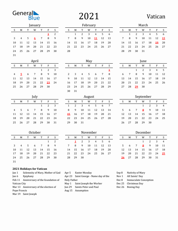 Vatican Holidays Calendar for 2021