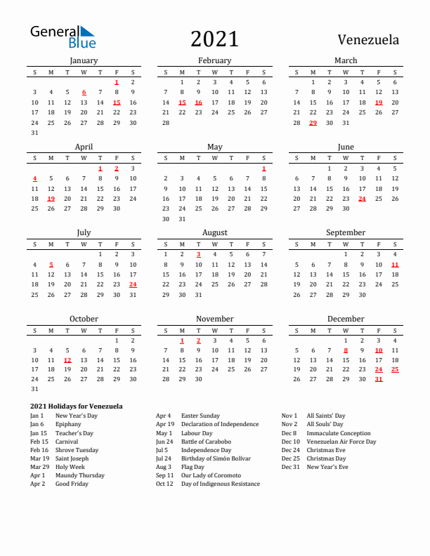 Venezuela Holidays Calendar for 2021