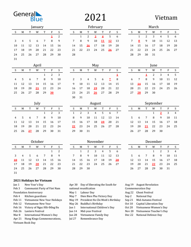 Vietnam Holidays Calendar for 2021
