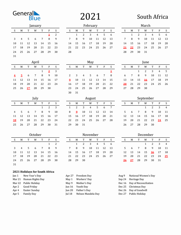 South Africa Holidays Calendar for 2021