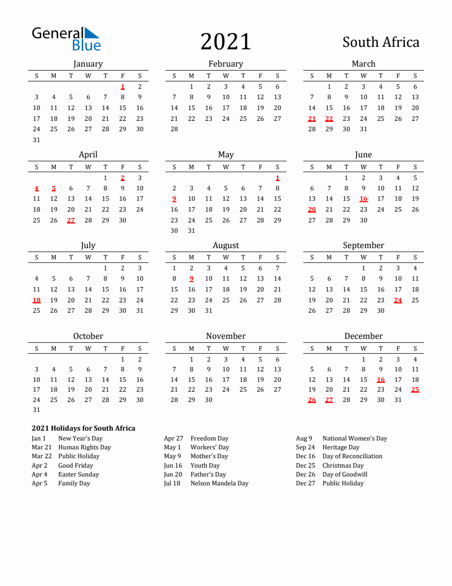 Free South Africa Holidays Calendar for Year 2021