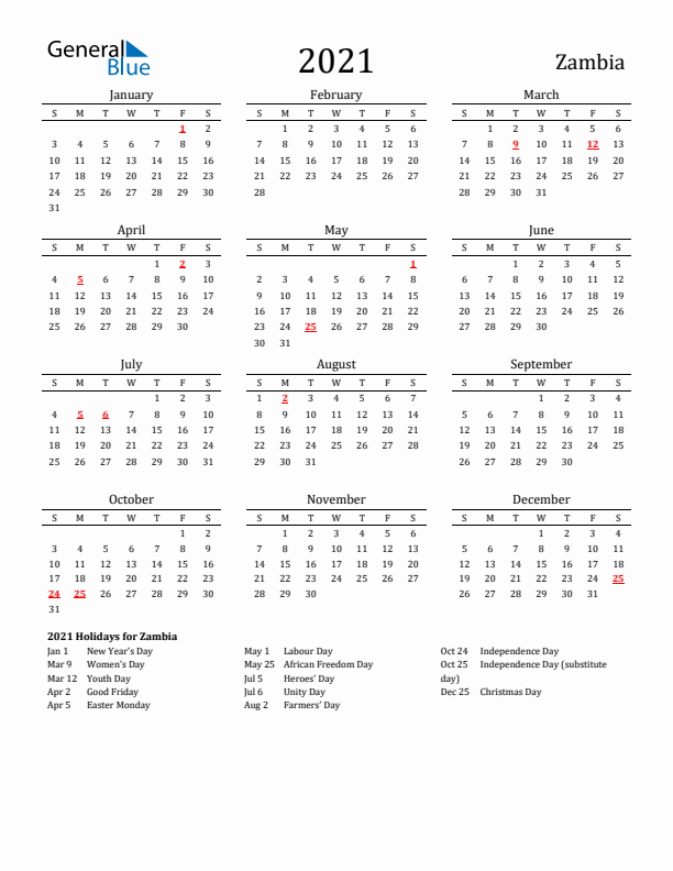 Zambia Holidays Calendar for 2021