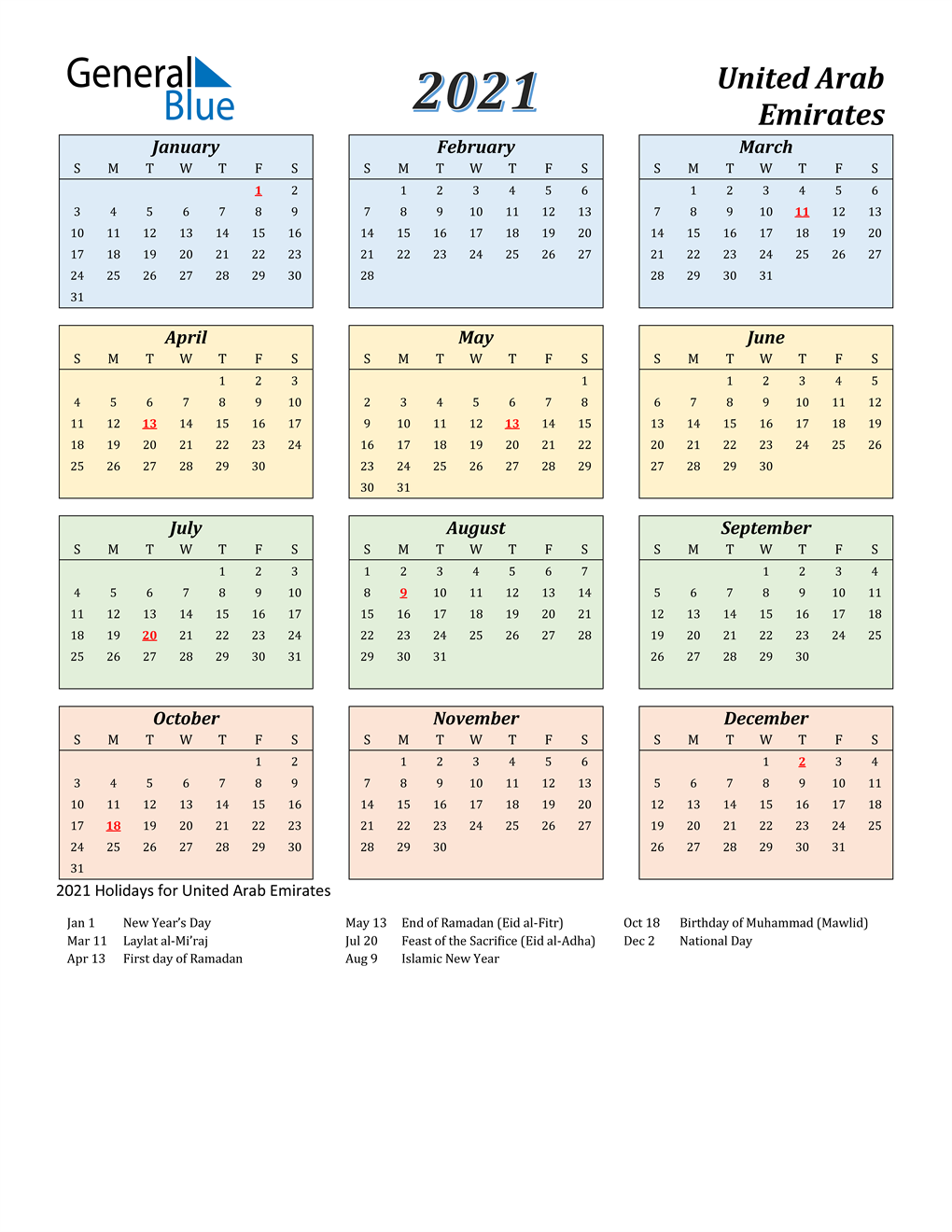 2021 United Arab Emirates Calendar with Holidays