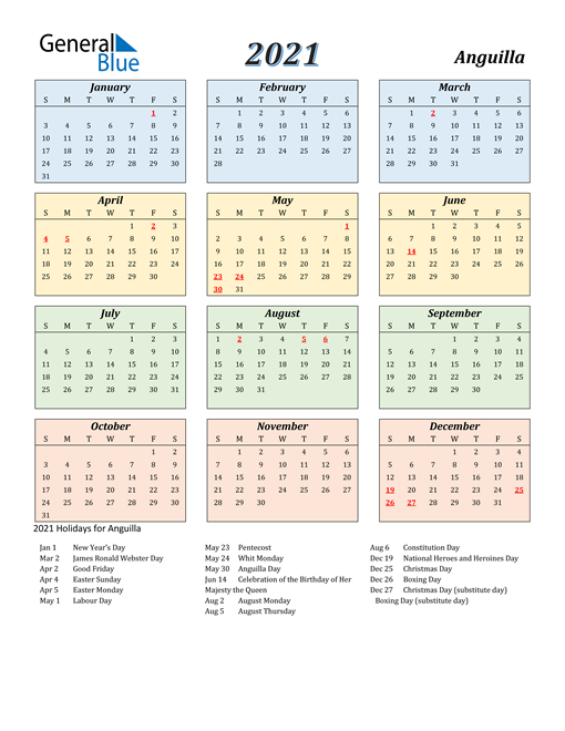 Anguilla Calendar 2021